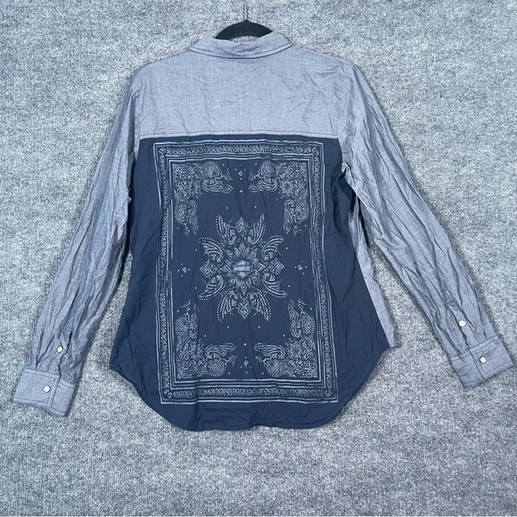 Harley Davidson Womens Large Blue Chambray Bandana Button Long Tail Long Sleeve - Picture 1 of 5